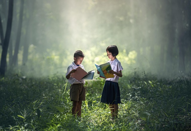 Children's storybooks open on a table
